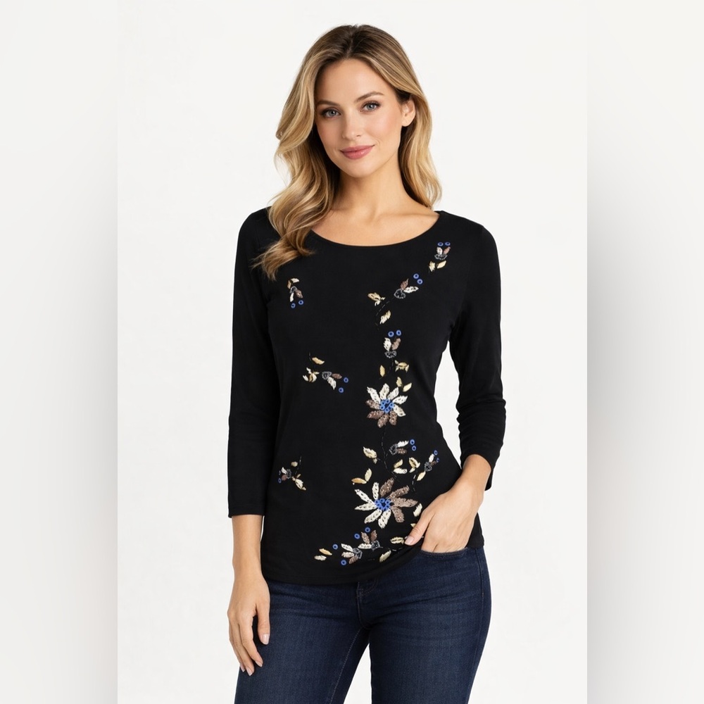 Vintage Black Floral Embellished Long Sleeve Top